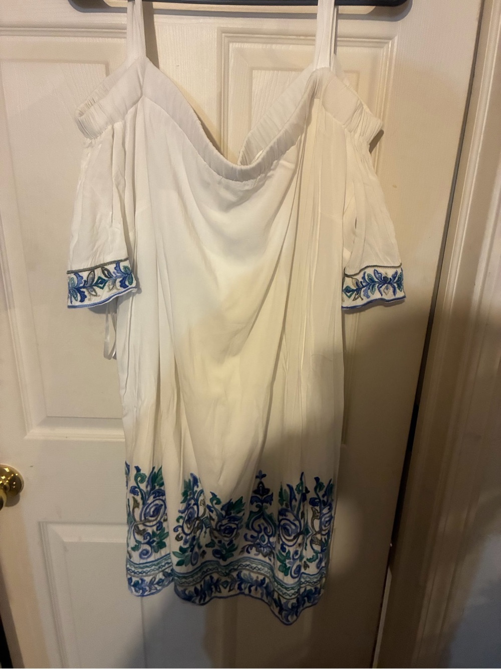 White Off-Shoulder Dress with Blue Floral Embroidery
